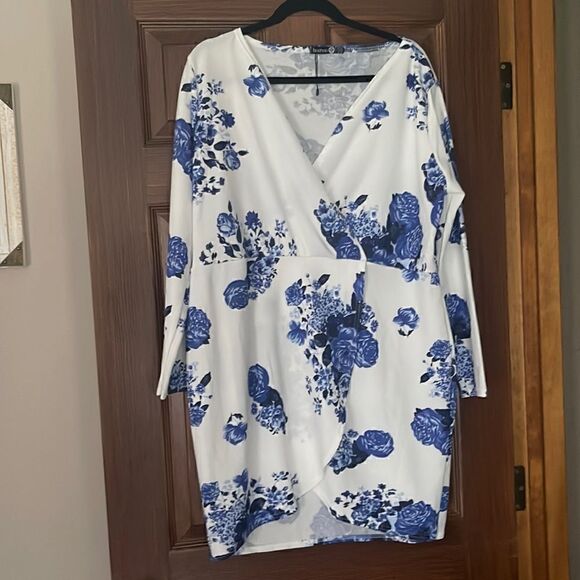 Gorgeous Blue Floral Wrap Style Dress